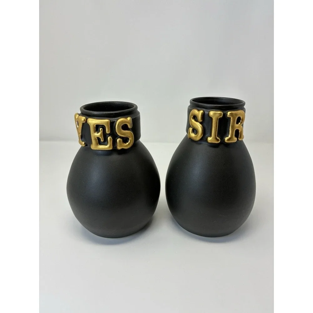 Amanda Wright Studio YES SIR Vase Set Black Gold Ceramic Art Pottery Signed